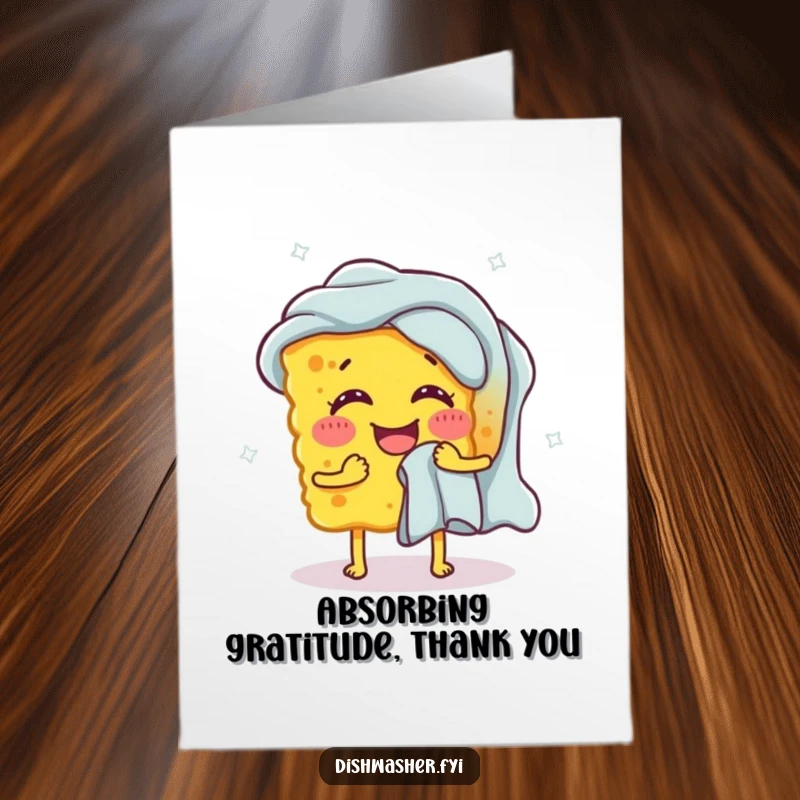 Funny Free Printable Thank You Card: A happy sponge attempting to wring out a comically large dishcloth, showing immense effort.