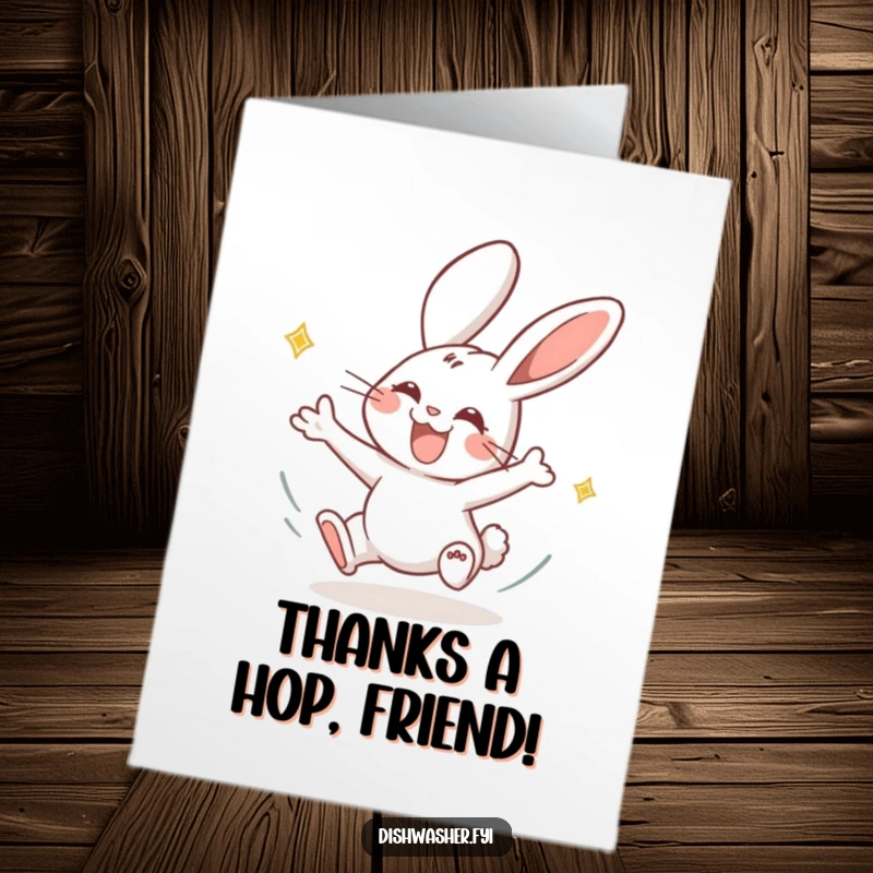 Funny free printable thank you card featuring a joyous rabbit character drying plates with a quick, energetic motion.