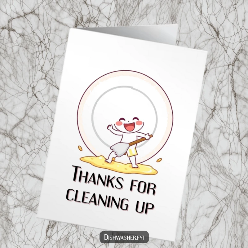 Funny Free Printable character scrubbing a giant plate with gusto to say thank you, a bold DIY card.
