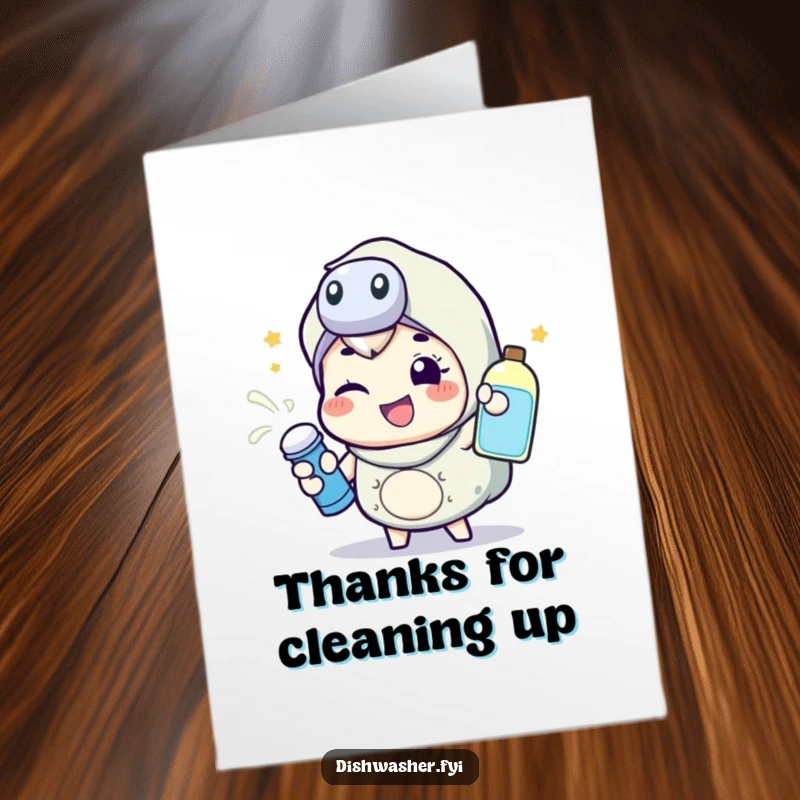 Funny free printable thank you card of a happy character energetically spraying cleaning liquid with a wink, a fresh thank you.
