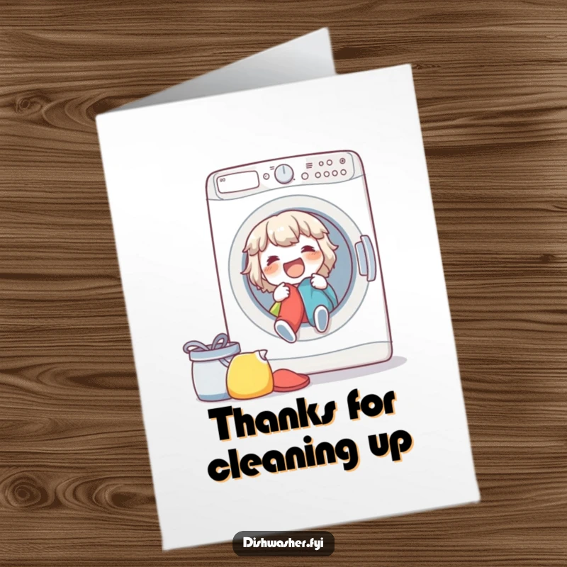 Funny Free Printable Thank You Card: Spirited character happily loading a washing machine, a symbol of fresh gratitude.