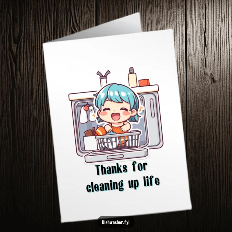 Funny Free Printable Thank You Card: Cheerful character singing while loading a dishwasher, a grateful DIY gift.