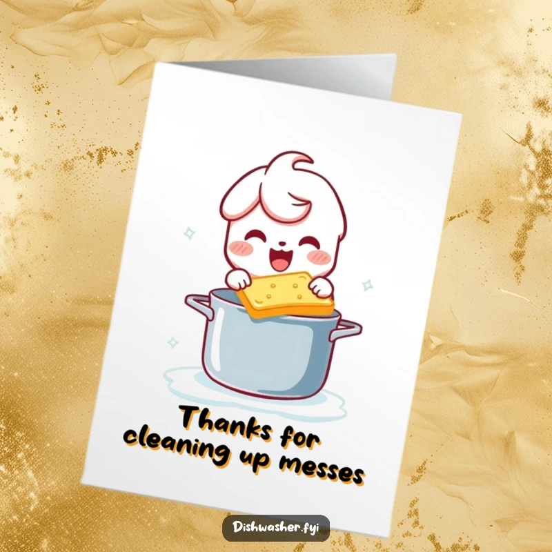 Funny Free Printable Thank You Card: A character joyfully scrubs a pot, sending bubbly thanks for their kindness.