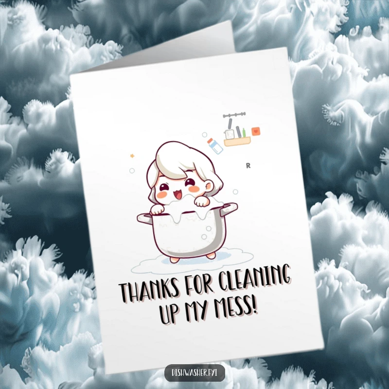 Funny Free Printable thank you card featuring a cute character happily scrubbing a large pot with bubbly soap, perfect for print at home gratitude.