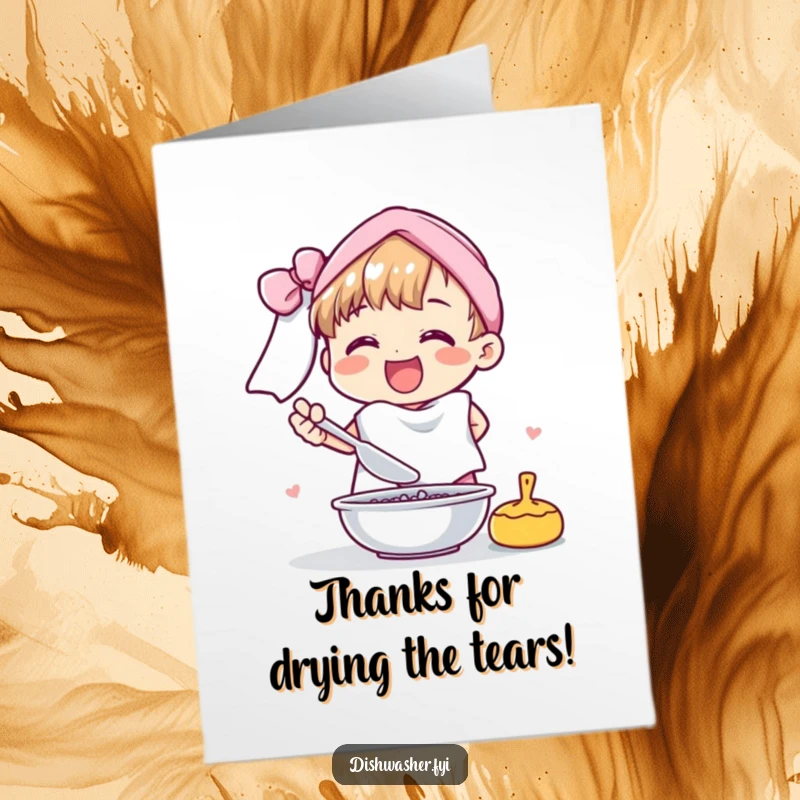 Funny Free Printable Thank You Card featuring a cheerful character happily drying dishes with a fluffy towel.