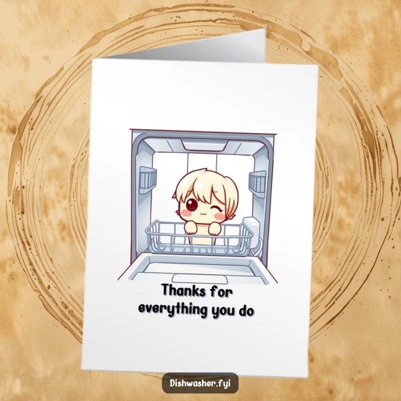 Funny free printable thank you card depicting a character with a puzzled look inside an empty dishwasher, thanking them for their help.