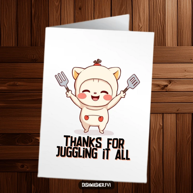Funny Free Printable Thank You Card: Mischievous character juggling utensils, offering thanks with a grin.