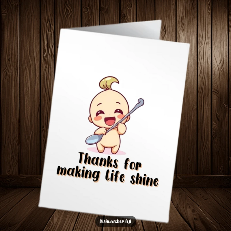 Funny free printable thank you card showing a character enthusiastically polishing a huge spoon, expressing heartfelt appreciation.