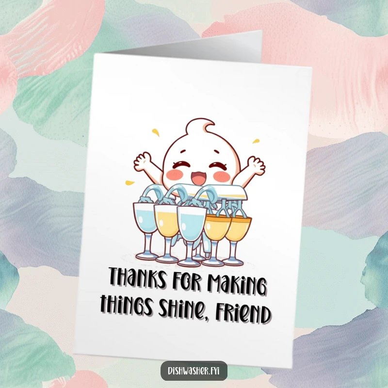 Funny Free Printable Thank You Card: Delighted character enthusiastically rinsing glasses, a symbol of clear and sparkling gratitude.