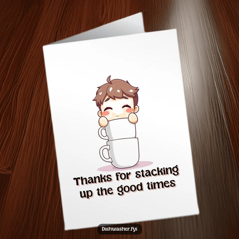 Funny Free Printable Thank You Card: Determined character carefully stacking clean mugs, presenting a precisely crafted expression of thanks.