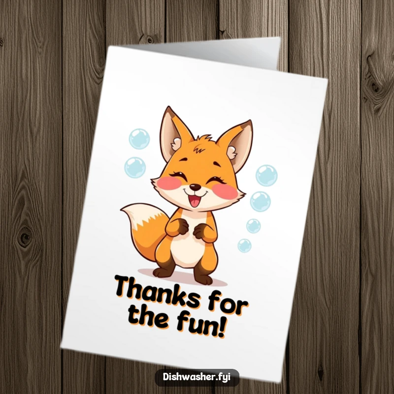 Funny Free Printable Thank You Card: A mischievous fox juggles shiny soap bubbles with playful glee, a whimsical downloadable way to say thanks.
