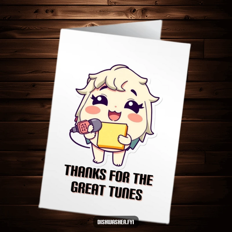 Funny Free Printable Sponge Mic Thank You Card: Giggling character uses sponge as mic, saying thanks, downloadable DIY gift.