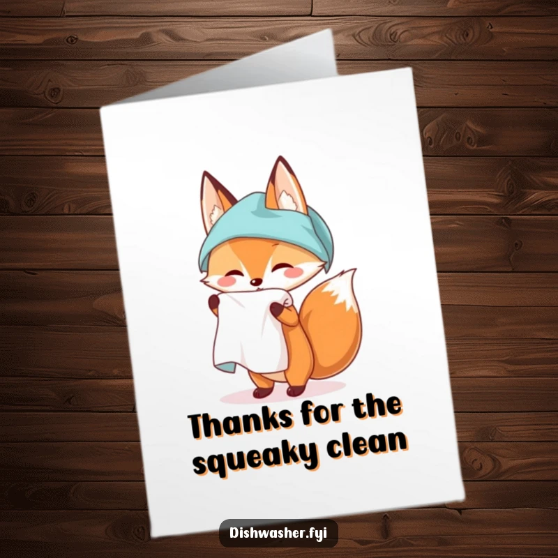 Funny Free Printable Thank You Card: A charming fox proudly unfurling a spotless kitchen towel, offering thanks with an unexpected twist.