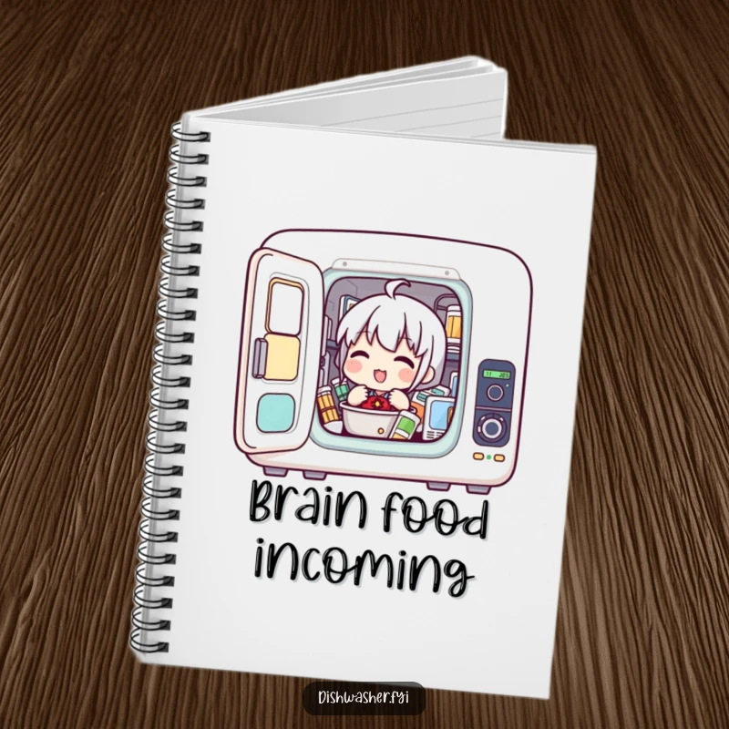 Funny notebook with a character enthusiastically loading items into a compact appliance, perfect for jotting down notes and ideas.