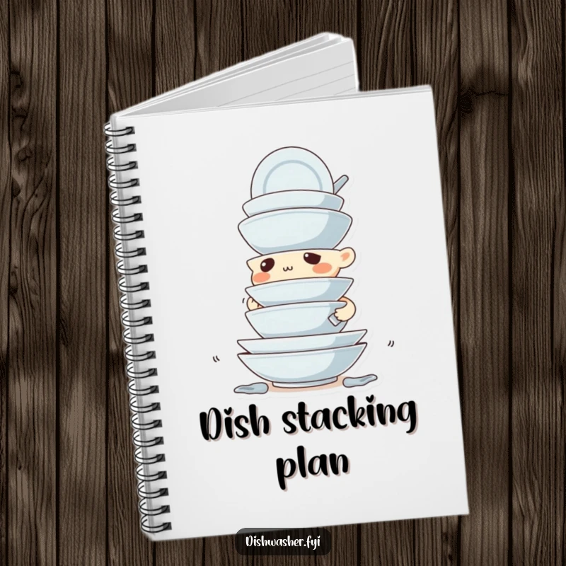 Funny notebook with a design of a determined character stacking dirty dishes with great precision, inspiring organized notes.