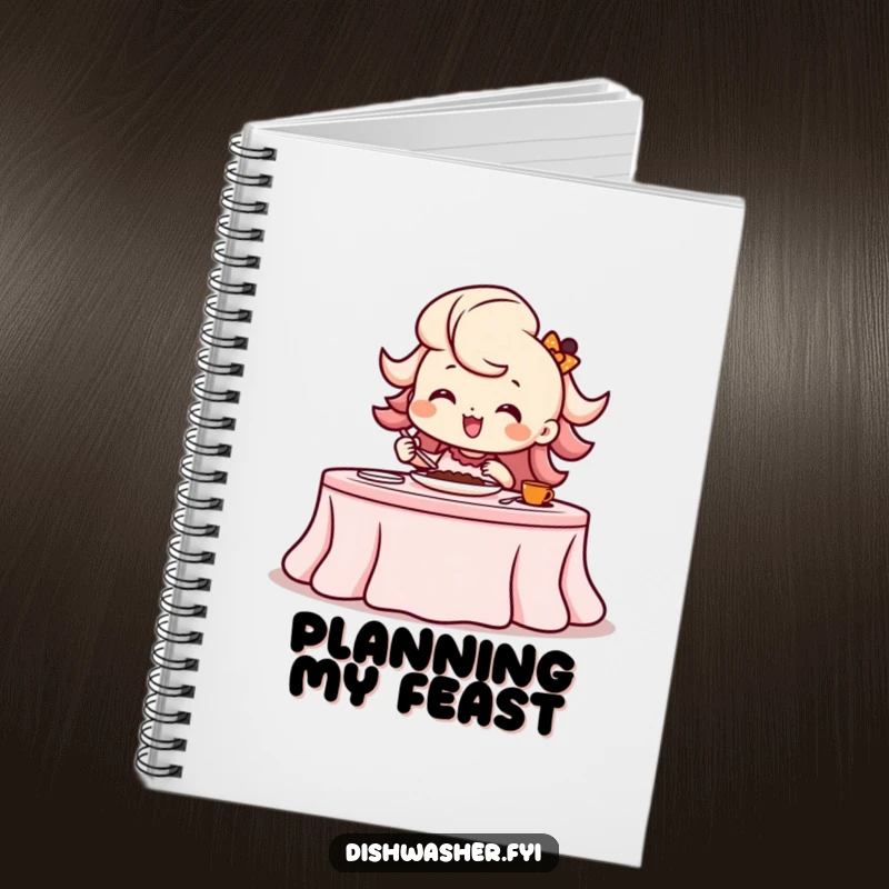 Funny beaming character setting a table with a flourish on the cover of a notebook for event planning.