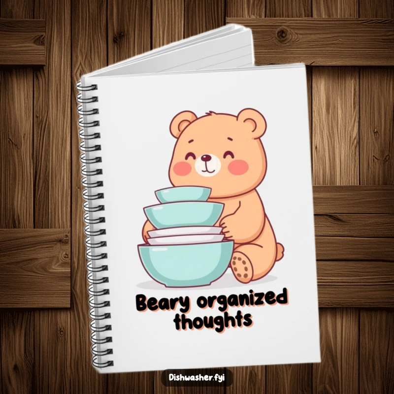 Funny notebook with a whimsical bear smiling at a neat stack of freshly washed dishes, perfect for jotting down tidy thoughts.