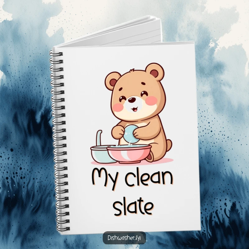 Funny bear notebook featuring a cheerful bear washing dishes with bubbles, inspiring organized thoughts and creative planning with humor.