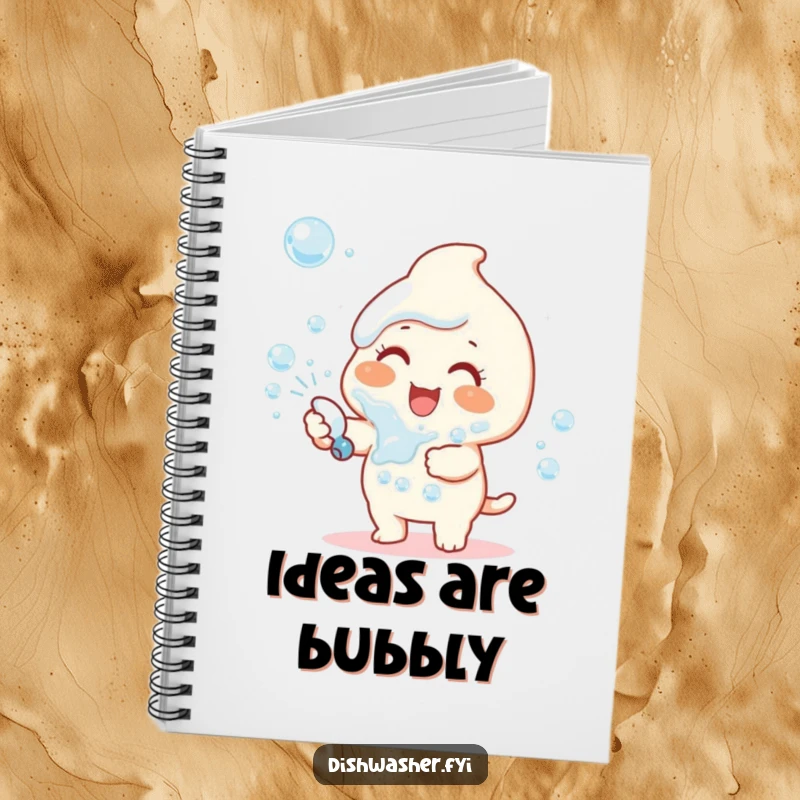Funny notebook cover with a happy character joyfully spraying dish soap bubbles, symbolizing delightful and clean thoughts.