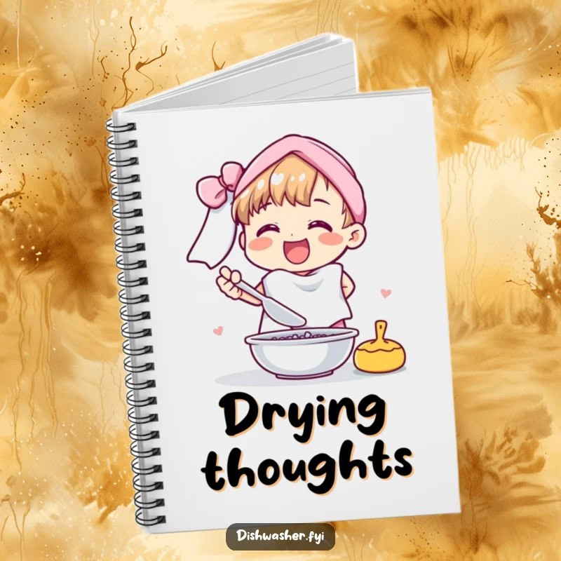 Funny notebook cover shows a cheerful character happily drying dishes with a fluffy towel, perfect for humorous note-taking.
