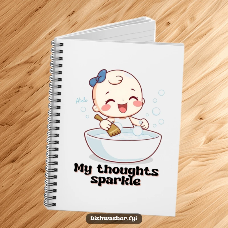 Funny notebook featuring a cheerful character gleefully scrubbing a sparkling dish with bubbles, ideal for jotting down notes with a clean flair.