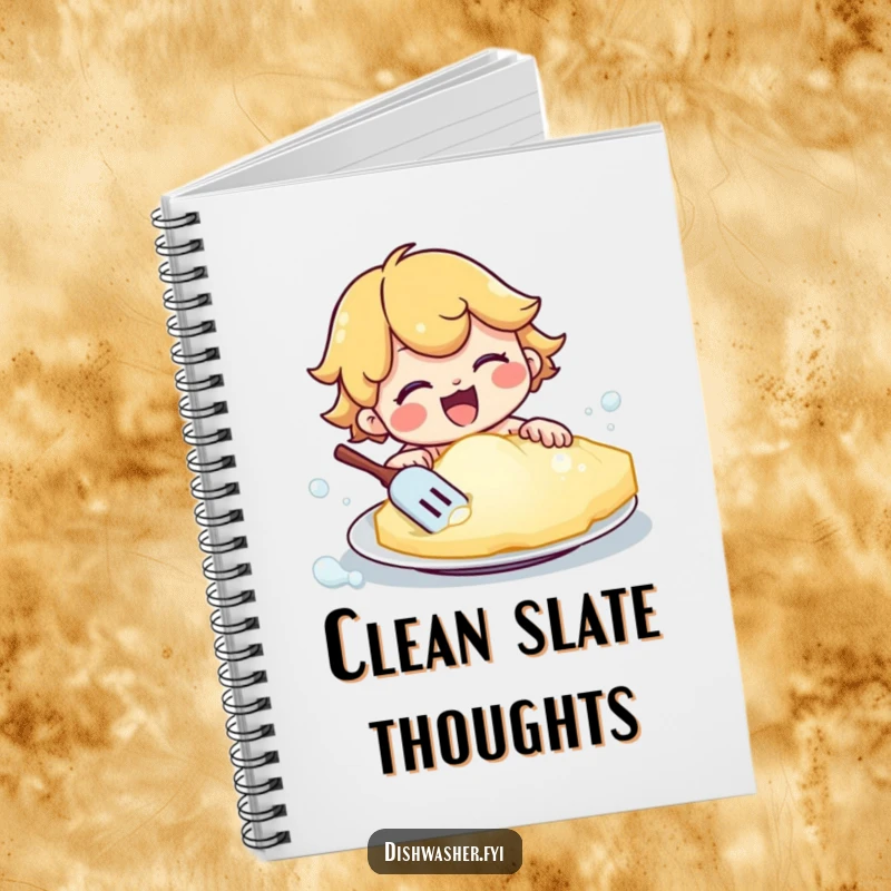 Funny notebook cover with a happy character scrubbing a plate using a giant, bubbly sponge. Perfect for notes, lists, or journaling with a humorous twist.