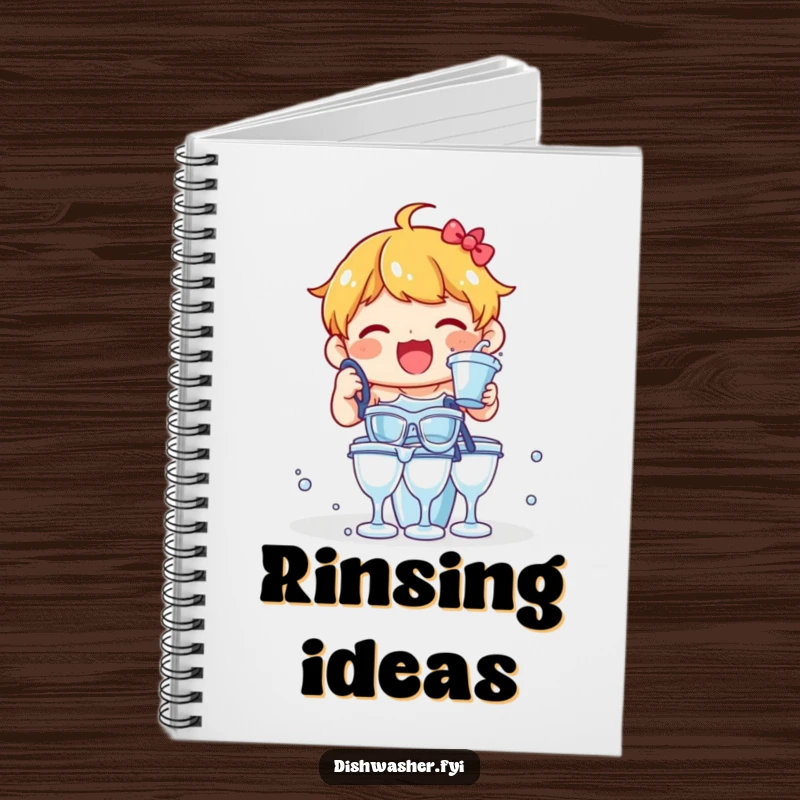 Funny notebook cover shows a delighted character happily rinsing a stack of glasses, perfect for humorous note-taking.