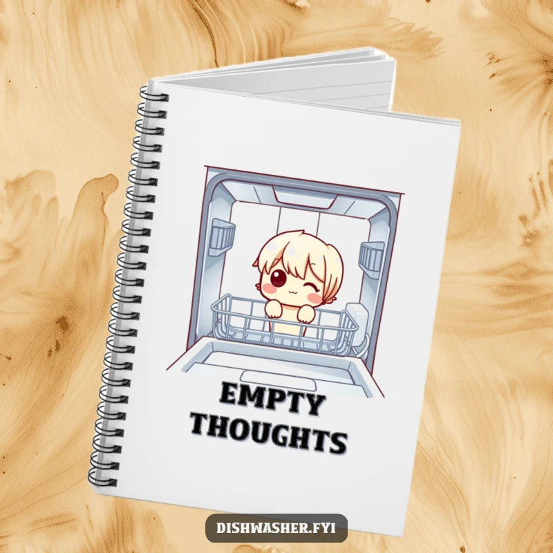Funny Notebook: A character peering into an empty dishwasher, perfect for jotting down notes, mysteries, and witty observations.
