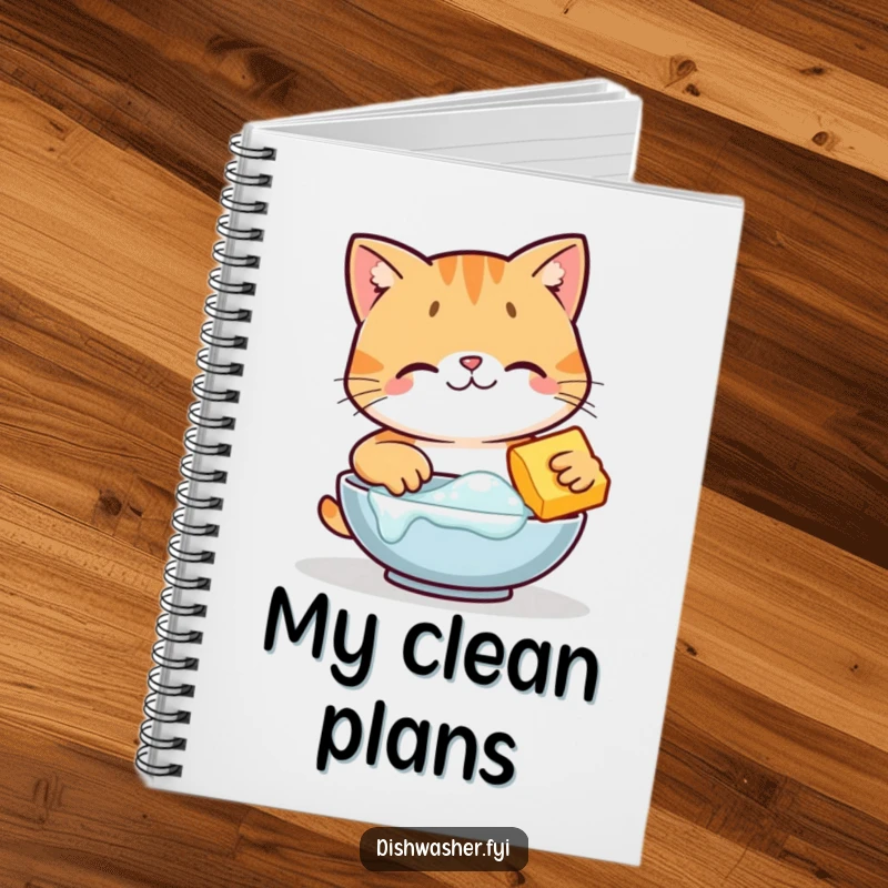 Funny happy cat character scrubbing dishes on a notebook cover, inspiring clean notes and organization, charming funny gift.