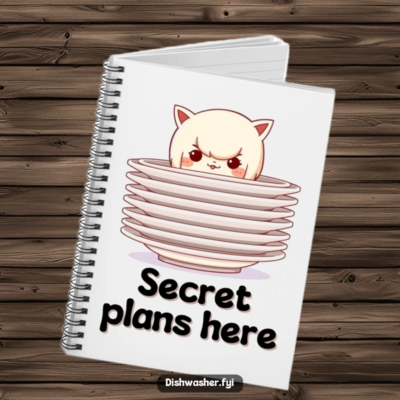 Funny notebook featuring a mischievous character hiding behind a stack of clean plates, perfect for jotting down thoughts with playful secrecy.