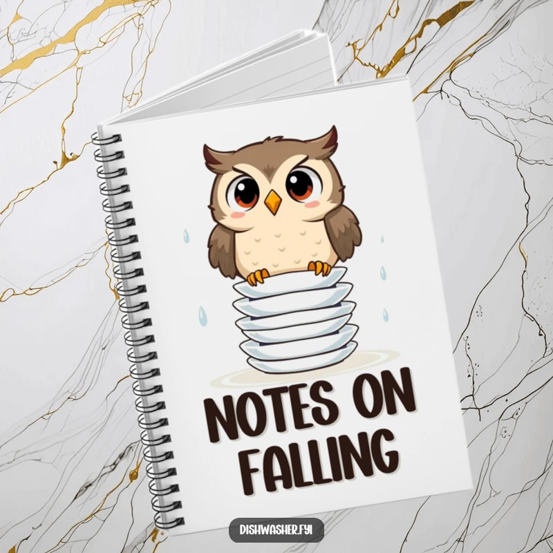 Funny notebook designed with a surprised owl attempting to stack wet plates, perfect for note-taking and doodling.
