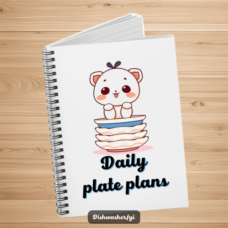 Funny notebook cover showing a determined character stacking clean plates with cheerful precision, inspiring organized creativity.