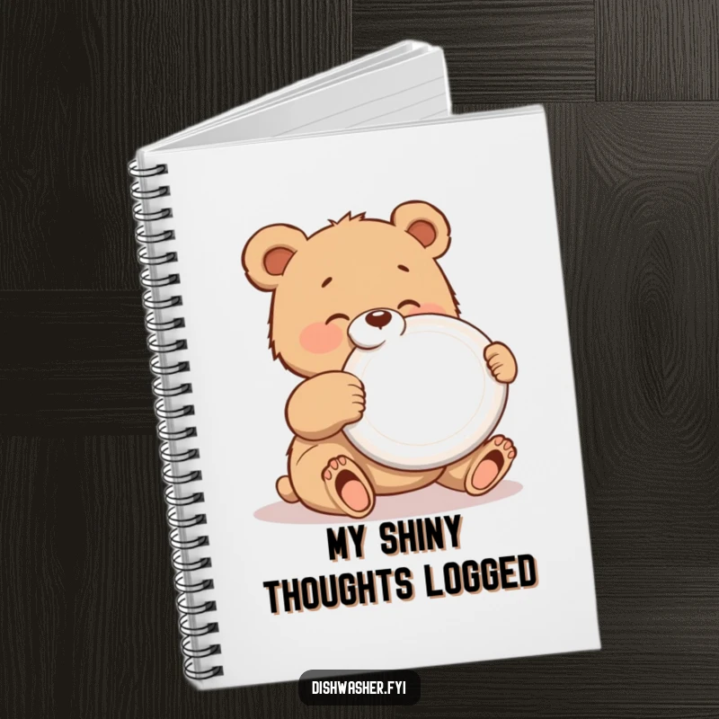 Funny notebook with a gleeful bear cub polishing a shiny plate, perfect for jotting down notes with a touch of clean humor.
