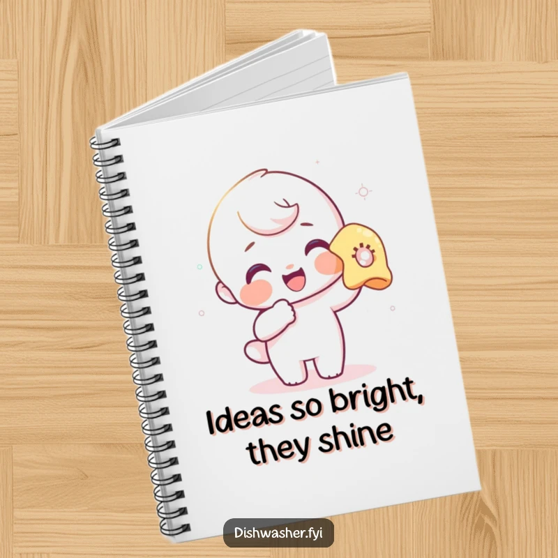Funny notebook cover featuring a delighted character polishing a glass, symbolizing clarity and bright ideas.