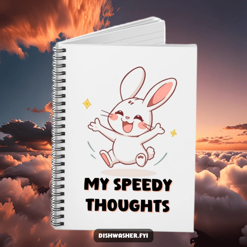 Funny rabbit notebook featuring a joyous rabbit drying plates with energetic motion, inspiring quick thoughts and agile planning with humor.