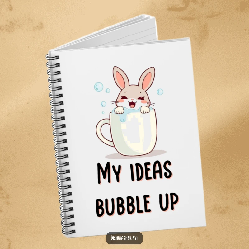 Funny notebook with a joyful rabbit scrubbing bubbles off a mug, perfect for jotting down notes with a touch of clean humor.