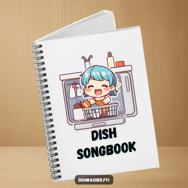 Funny notebook with a design of a cheerful character singing merrily while loading a dishwasher, inspiring creative notes.