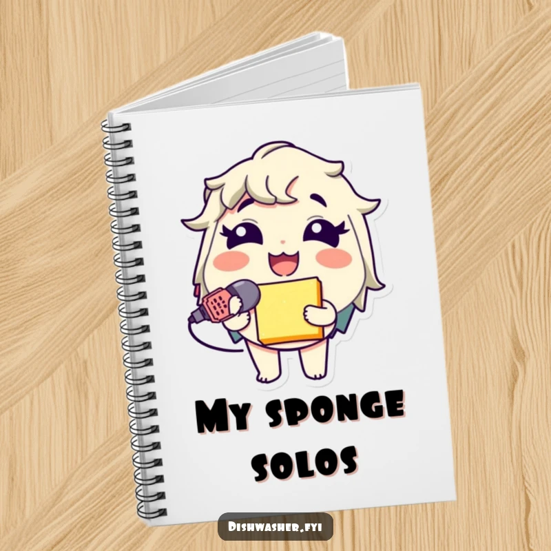 Funny Sponge Mic Notebook featuring a giggling character using a sponge as a microphone, ideal for jotting notes with music humor.