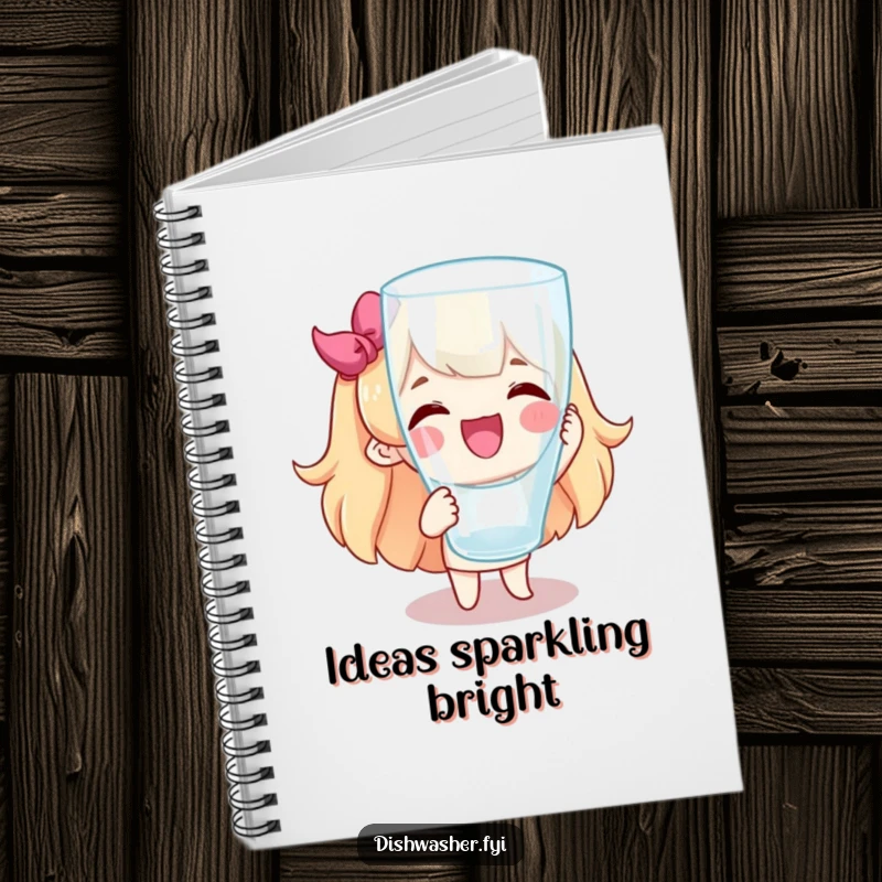 Funny notebook with a happy character presenting a flawless, spotless glass. Ideal for jotting down neat ideas.