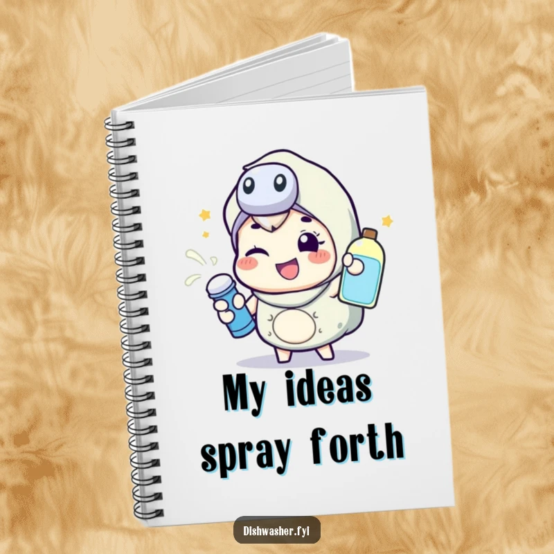 Funny notebook featuring a happy character energetically spraying cleaning liquid with a wink, ideal for jotting down notes with an energetic flair.