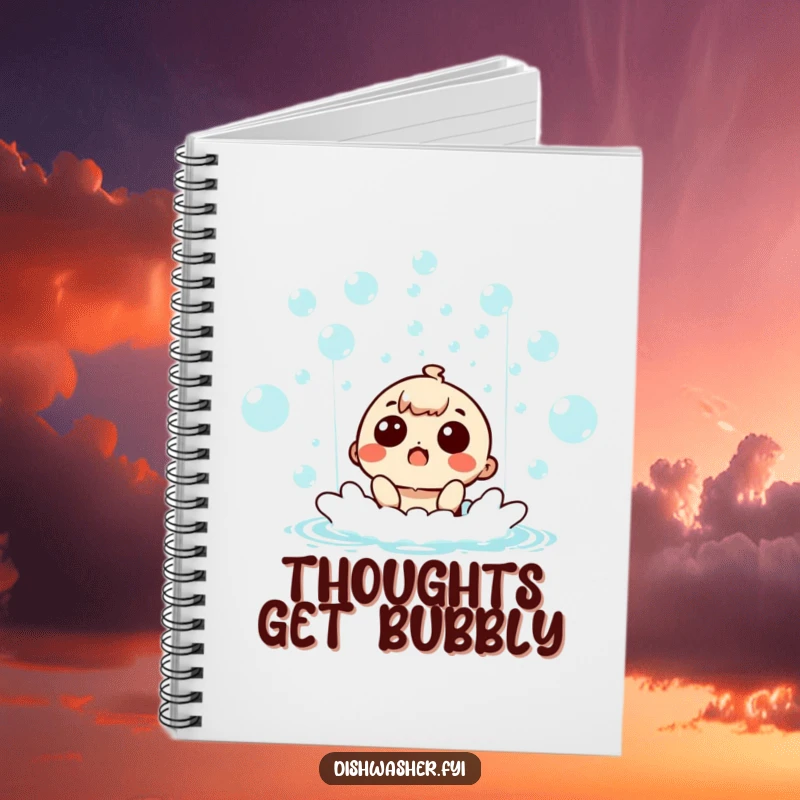 Funny surprised character in a bubble waterfall, smiling on the cover of a lined notebook for journaling.
