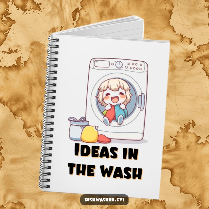 Funny spirited character joyfully loading a washing machine on the cover of a notebook for home organization.
