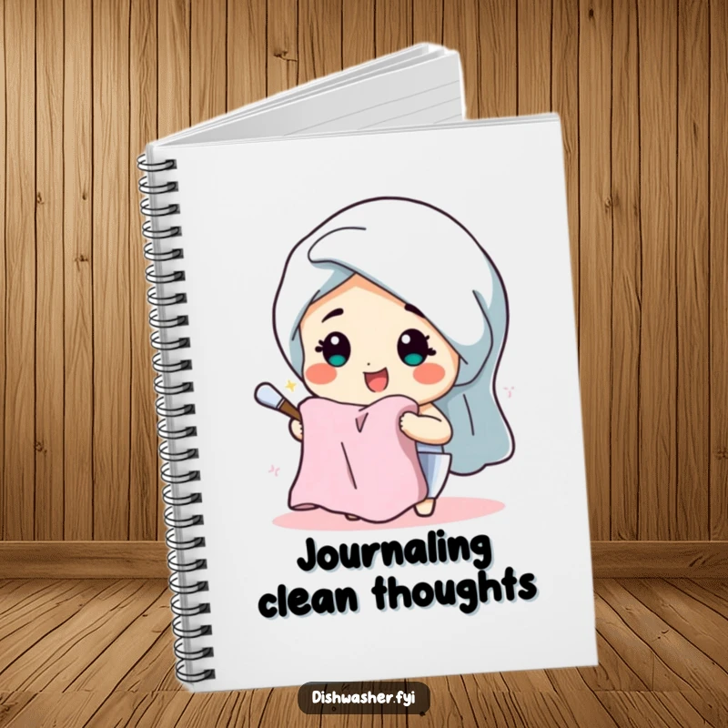 Funny notebook featuring a cheerful character beaming while drying dishes with a fluffy towel, perfect for jotting down happy thoughts.