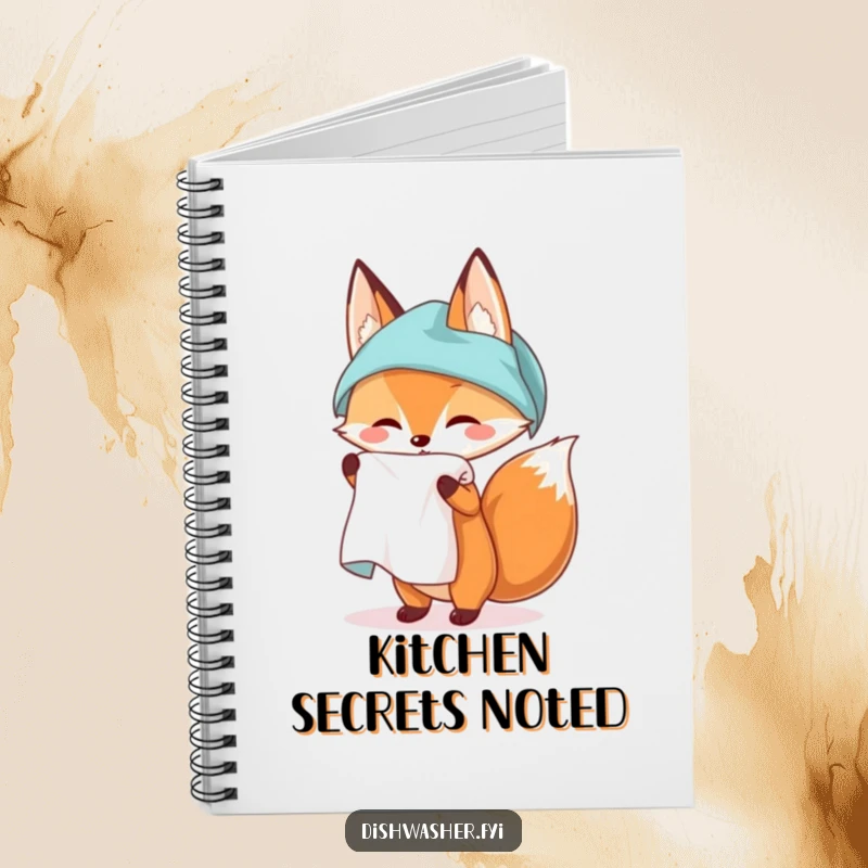 Funny notebook with a fox character unfurling a spotless kitchen towel, perfect for note-taking with a touch of witty cleanliness.