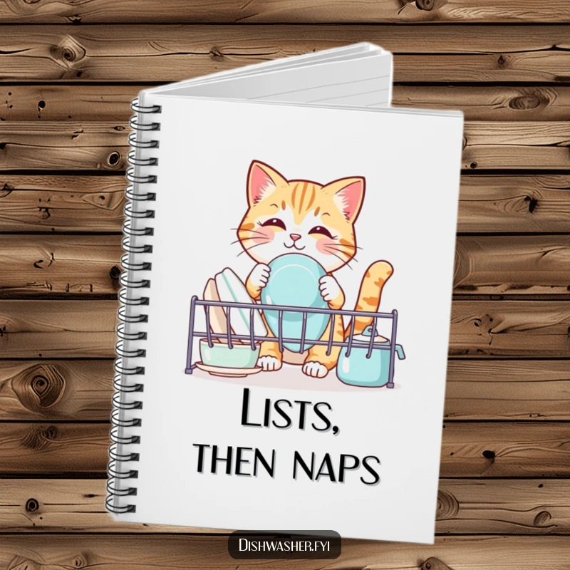 Funny cat notebook, depicting a cute cat arranging clean dishes in a rack, humorous stationery for capturing ideas and notes.