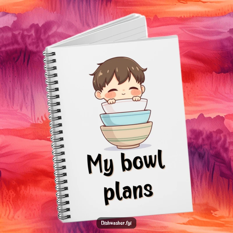Funny Bowl Master Notebook featuring a character admiring clean bowls, ideal for jotting notes with domestic humor.