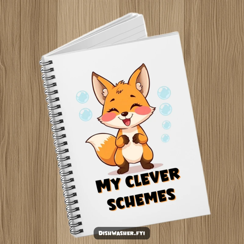 Funny Notebook featuring a mischievous fox juggling soap bubbles with glee, inspiring playful thoughts and whimsical note-taking.