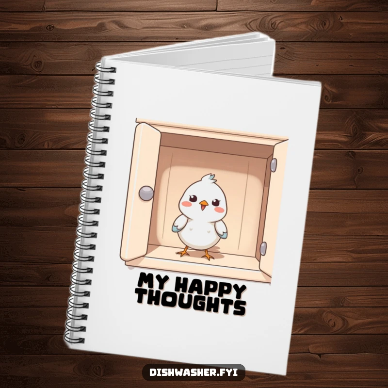Funny notebook with a happy bird peeking from a clean cupboard, perfect for note-taking with a touch of cheerful tidiness.