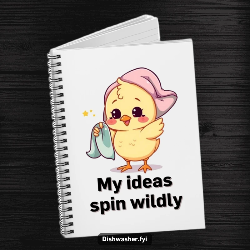 Funny chick notebook with a playful chick character spinning a drying towel around its finger, perfect for jotting down cheerful ideas.