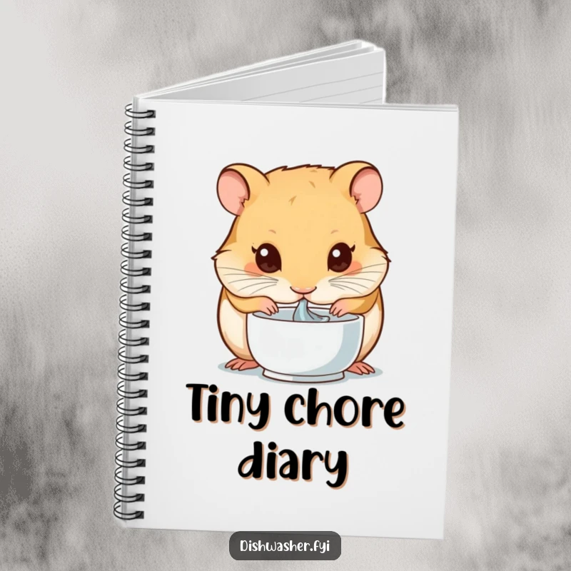 Funny notebook with a hamster intensely focused on drying a small bowl, perfect for jotting down notes with a humorous, clean-loving spirit.